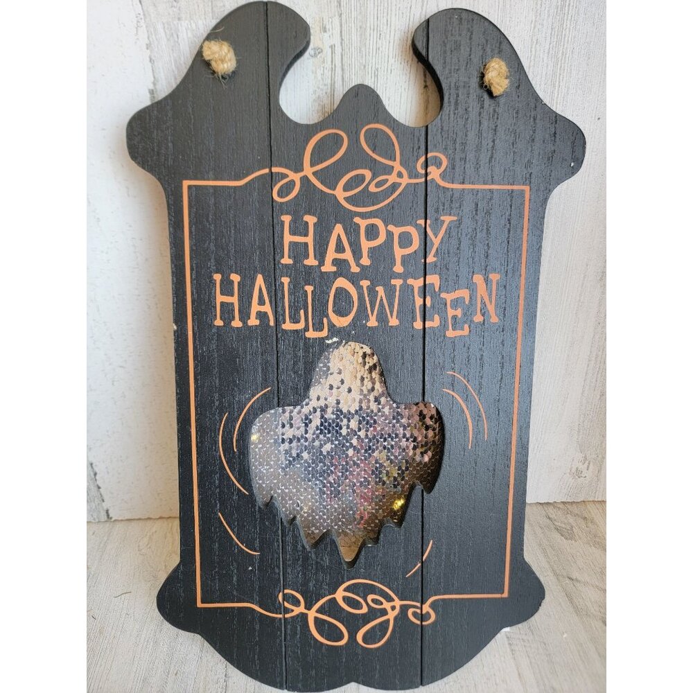 Happy Halloween wooden light up ghost‎ sign sequin wall hanging decor